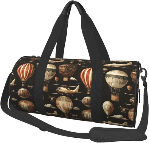 Large Duffle Bag for Travel - Retro Airplane Hot Air Balloon Print Gym Bag for Women Men, Travel Foldable Bags for Women Men with Zippered Multiple