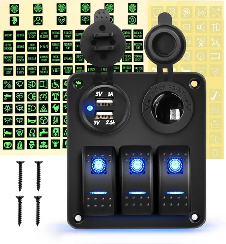 GOOACC Panel de interruptor basculante de 3 bandas con cargador USB y encendedor de puros, interruptor de palanca de 12 V 24 V, interruptor Azul