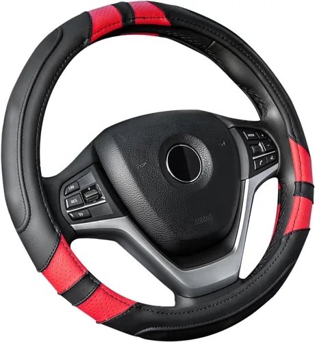 Achiou - Funda para volante de automóvil, universal, de 15 pulgadas, con contornos de agarre, de cuero, antideslizante, transpirable, suave y negro