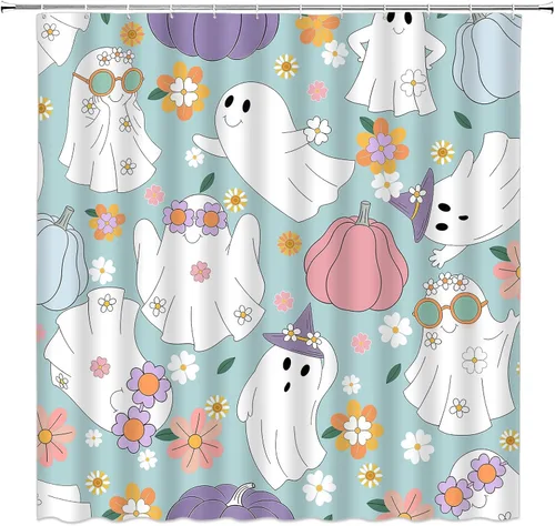 Halloween Ghost Shower Curtain Spooky Cute 70s Retro Hippie Daisy Funny Bathroom Decor Curtain with Hooks,Blue White