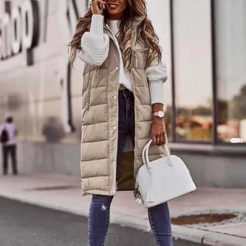 Miniatura 21 de Chaleco largo para mujer, sin mangas, acolchado, con cremallera, capucha, abrigo de invierno cálido, ligero, con bolsillos