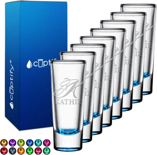 Miniatura 54 de Vaso de chupito personalizado con fondo verde azulado personalizado de 2 oz, vasos de chupito cordial con inicial en script dividido y nombre