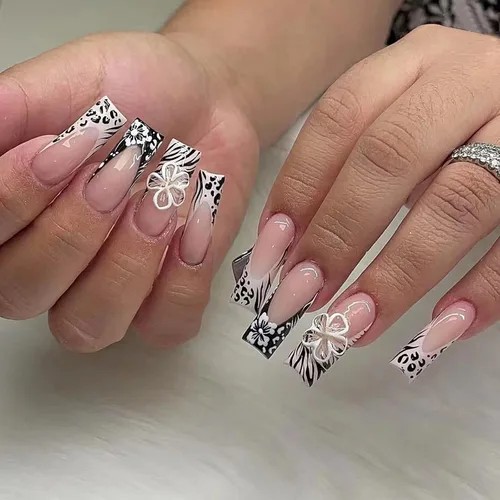 Miniatura 18 de MISUD Uñas a presión – Uñas cuadradas largas con pegamento rosa y negro, acrílico Y2K diseño de dijes de 24 piezas