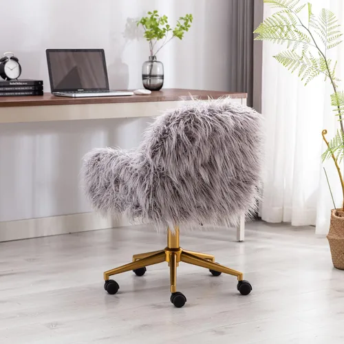 Miniatura 8 de KCC Silla de escritorio de oficina esponjosa, silla giratoria moderna de pelo sintético con ruedas, sillas de acento suaves, cómodas, elegantes