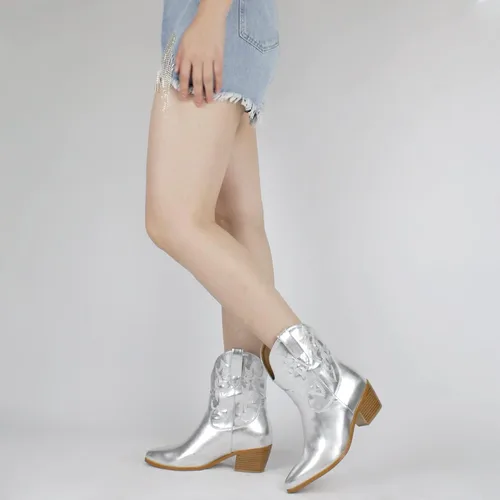 Miniatura 5 de STALOV Botas vaqueras cosidas para mujer, punta puntiaguda, tacón bajo y grueso, botas vaqueras occidentales bordadas