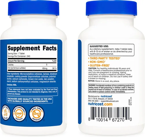 Miniatura 6 de Nutricost Hierro (Como Sulfato Ferroso) 65mg, 240 Tabletas - Sin OGM, Sin Gluten