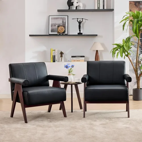 Miniatura 10 de STHOUYN Sillas decorativas de cuero negro, silla moderna de mediados de siglo, sillas con brazos laterales para sala de estar, sillas de oficina