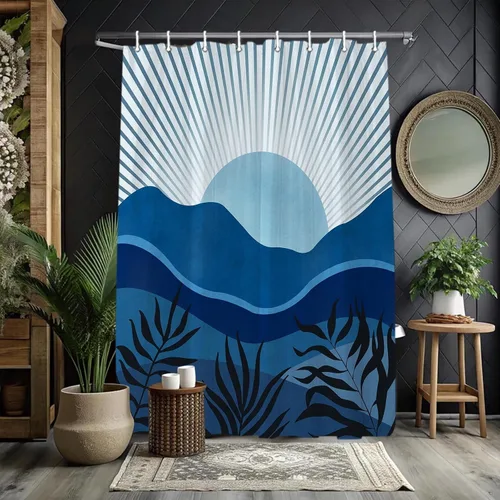 Mid Century Morden - Cortina de ducha bohemia, puesta de sol de montaña abstracta con hojas y hojas, cortinas de ducha geométricas minimalistas,