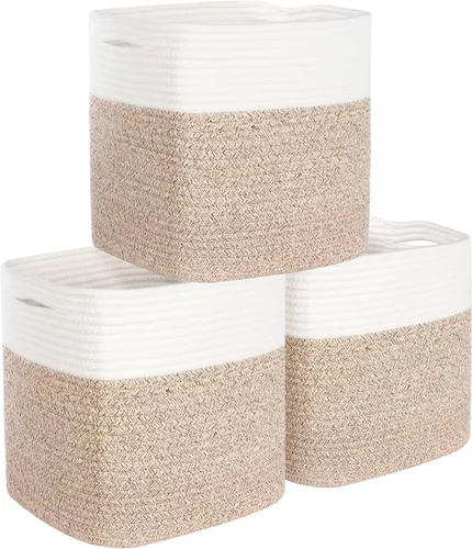 Miniatura 17 de MINTWOOD Design Paquete de 3 cubetas de almacenamiento de 11x11 pulgadas, organizador tejido, lindas cubetas cuadradas para clóset, canastas Negro
