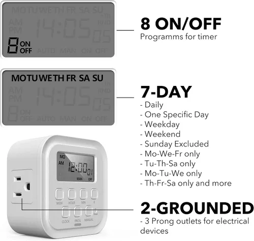 Miniatura 5 de HBN Temporizador digital resistente de 7 días, doble salida, programas de encendido/apagado. Temporizador programable de 3 puntas, para interiores