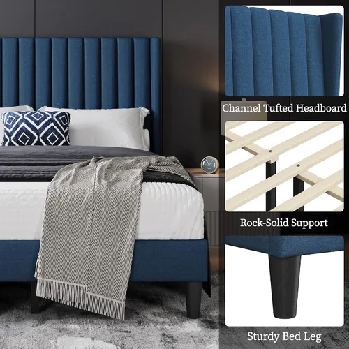 Miniatura 4 de Yaheetech Armazón de Cama Tamaño Completo, Cama Plataforma Tapizada con Cabecera de Borde Alado, Tela Acolchada Cuadrada/Base de Colchón/Soporte