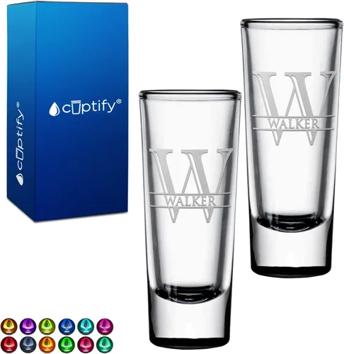 Miniatura 37 de Vaso de chupito personalizado con fondo verde azulado personalizado de 2 oz, vasos de chupito cordial con inicial en script dividido y nombre