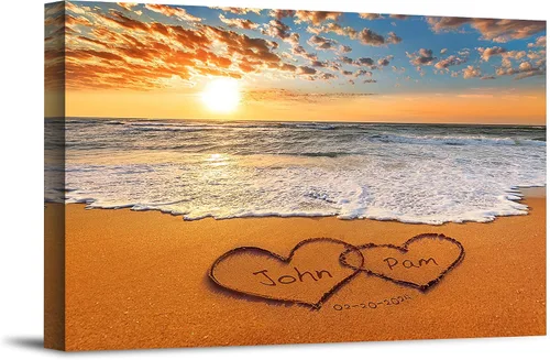 Miniatura 21 de Corazón y corazón en hermoso amanecer fotos personalizadas únicas o impresiones en lienzo con nombres de pareja y fecha especial en la playa, regalo