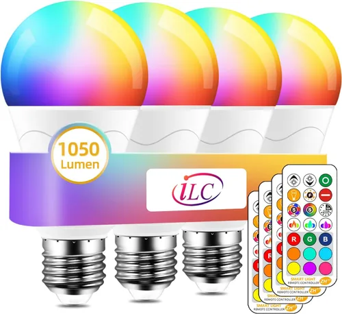 ILC Bombilla LED equivalente a 85 W, bombillas que cambian de color, 2700 K, blanco cálido, control remoto RGB 6 modos, temporizador, 4 unidades