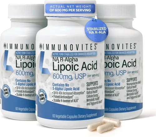 IMMUNOVITES Paquete de 3 unidades de ácido R-alfa lipoico estabilizado ((True)) 600 mg por porción [[Alta potencia y hasta 40 veces mayor