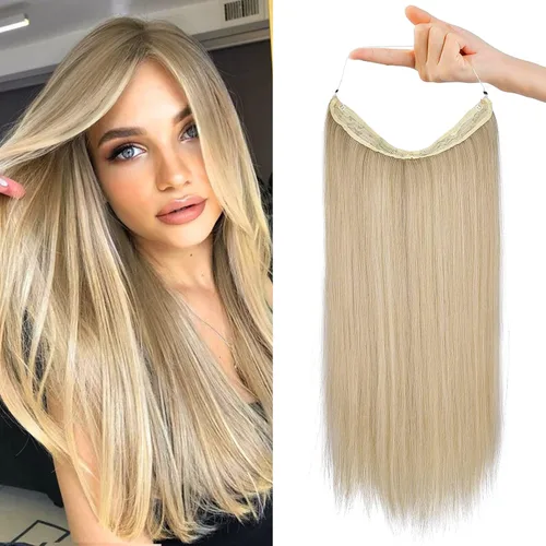 REECHO - Extensiones de cabello con alambre invisible y con cintillo transparente, tamaño ajustable, clips seguros extraíbles, cabello lacio, diseño