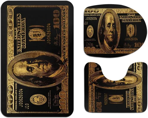 Miniatura 3 de GUBIYU Juego de alfombras de baño de 100 dólares, color negro y dorado, juego de alfombras de baño con dinero, tapete de baño antideslizante