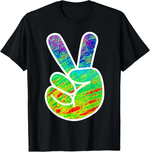 Camiseta de color verde y azul y rojo con diseño de teñido anudado con signo de mano grande, Negro -