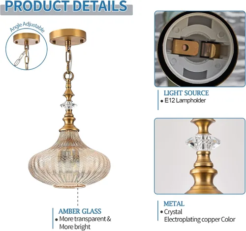 Miniatura 4 de Lámpara colgante de 3 luces, candelabro vintage dorado de granja para cocina, lámpara de techo colgante ajustable de vidrio ámbar para pasillo