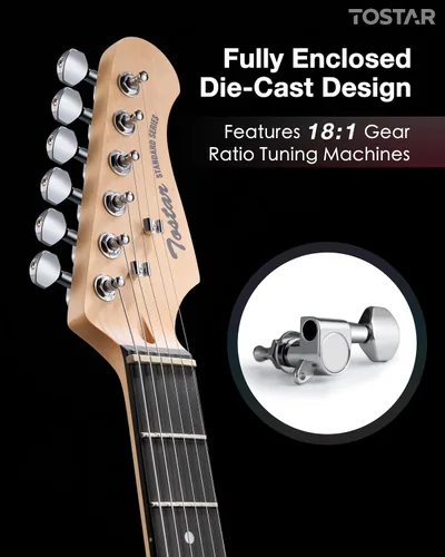 Miniatura 2 de Tostar Kit de guitarra eléctrica con amplificador, 39 pulgadas, tamaño completo, 6 cuerdas, ligero, diseño de cuerpo redondeado, interruptor