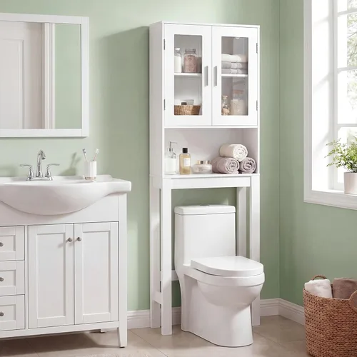 BestComfort Gabinete de almacenamiento de madera sobre el inodoro, Ahorro de espacio para el baño en casa, Puertas dobles, Organizador de estante