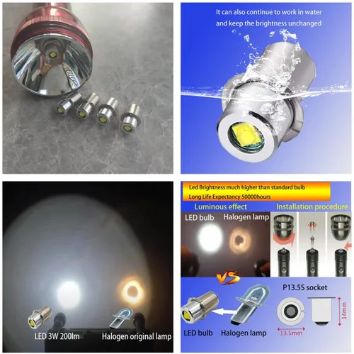 Miniatura 5 de Bombilla LED de repuesto para linterna 4CD, 4 celdas, 6-24 voltios, 18 voltios, 19.2 voltios, kit de conversión, linternas, bombilla, P13.5S PR2 3W