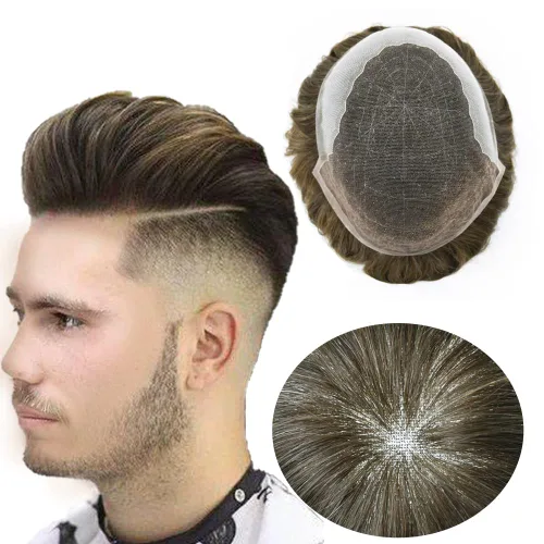 Miniatura 26 de Toupee - Sistemas de reemplazo de cabello para hombre, encaje frontal suizo, nudo blanqueado, pieza de cabello humano natural 1# negro azabache, 8 x