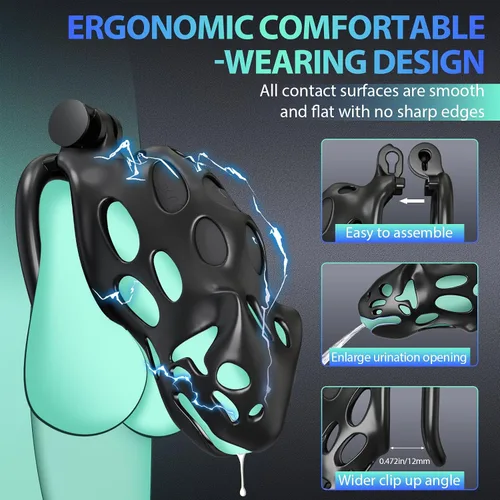 Miniatura 6 de Jaula de Castidad Masculina con Descarga Eléctrica de Juguete Sexual, Dispositivos de Castidad Jaula para Pene con 7 Vibraciones 7 Intensidades