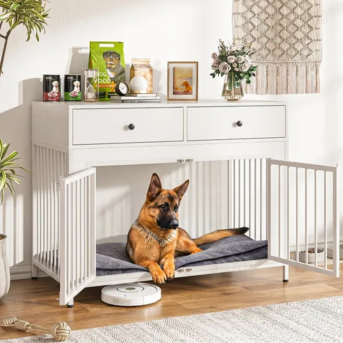 Miniatura 13 de LEMBERI Mueble de jaula para perros grande de 44 pulgadas, mesa auxiliar de madera para perros con cajones de almacenamiento, jaula decorativa