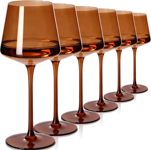 Juego de 6 copas de vino marrón de 18 onzas, color ámbar oscuro, juego de regalo para fiestas, vasos de vidrio soplado a mano marrón para vino tinto
