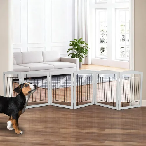 Miniatura 27 de ZJSF Puerta plegable independiente para perros, puerta de madera extra ancha blanca para cachorros, 6 paneles, puertas altas para mascotas