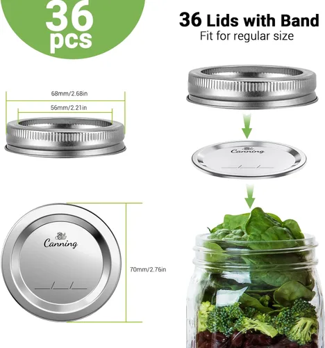 Miniatura 2 de 72 tapas de conservas con anillos para boca regular, tapas de tarros Mason de 2.77 pulgadas, boca regular, tapas y anillos reutilizables a prueba
