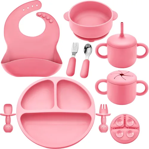 Miniatura 11 de Bufims Juego de alimentación de silicona para bebés, suministros de destete para bebés, utensilios esenciales para comer con placa de succión y Azul