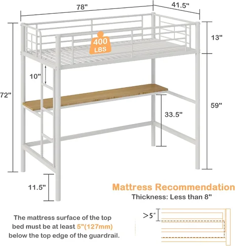 Miniatura 2 de VECELO Cama alta tamaño individual con escritorio, base de cama de metal con escalera extraíble y barandilla de seguridad, no necesita somier