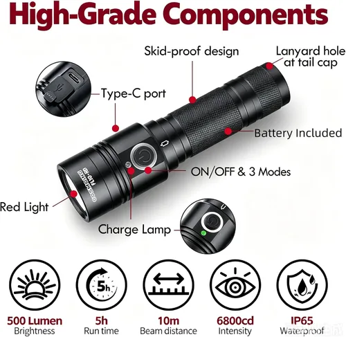 Miniatura 2 de Linterna LED roja de alta potencia recargable, 300 yardas linterna roja IP65 impermeable luz roja antorcha para observación nocturna, camping