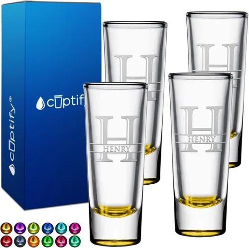 Miniatura 34 de Vaso de chupito personalizado con fondo verde azulado personalizado de 2 oz, vasos de chupito cordial con inicial en script dividido y nombre
