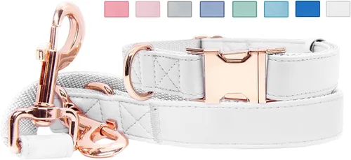Miniatura 17 de Juego de collar y correa de cuero suave para perro (6.6 pies), elegante hebilla de metal resistente de oro rosa, correa de 4 longitudes ajustables