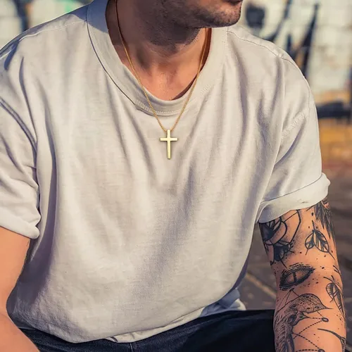 Miniatura 2 de Ursteel 925 Sterling Silver Cross Pendant Cross Necklace for Men, Mens Cross Necklace 18K Gold Black Silver Stainless Steel Chain Necklace for Men