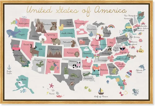 The Oliver Gal Artist Co. Mapas y banderas - Lienzo enmarcado para pared, diseño de mapa pastel divertido, mapas de países americanos, 15 x 10