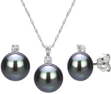 Tienda Collection Juego de aretes de plata de ley con circonita cúbica de 0.276-0.315 in de perlas cultivadas de agua dulce y collar con colgante