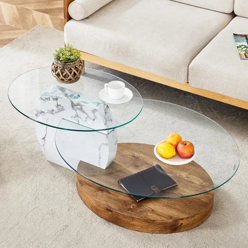 Miniatura 11 de Mesa de café de 35" de vidrio ｜ Mesa de café redonda ｜ Diseño de 3 niveles con superficie de vidrio templado ｜ Base de madera en color negro