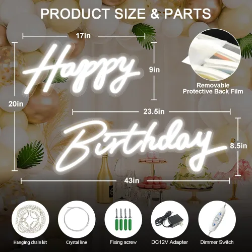 Miniatura 2 de Letrero de neón de gran tamaño con texto en inglés «Happy Birthday», 2 unidades, letrero luminoso de feliz cumpleaños de 12 V con interruptor