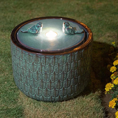 Miniatura 12 de Glitzhome Fuente de agua de cerámica para jardín de 14.75 pulgadas de alto con luces LED y bomba, dos pájaros en relieve con patrón de hojas