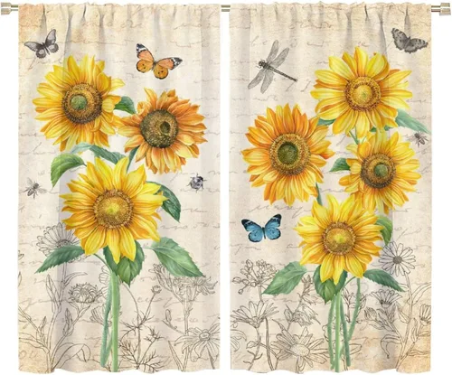 Miniatura 55 de Cortinas opacas con diseño de girasoles para ventana, puesta de sol sobre girasol, para dormitorio, sala de estar, cocina, decoración del hogar, 42