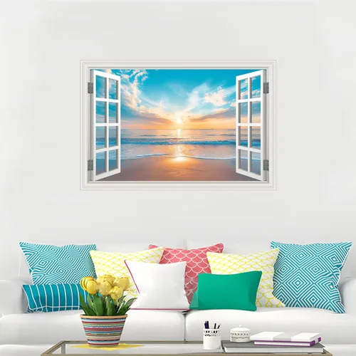 Miniatura 3 de Calcomanía de pared falsa para ventana, atardecer de verano, paisaje marino, océano, playa, póster de ventana falsa para decoración de pared