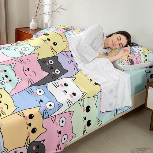 Miniatura 17 de Feelyou Juego de ropa de cama de tamaño individual con diseño de gato colorido para niños, adolescentes y niñas, decoración de habitación de gato