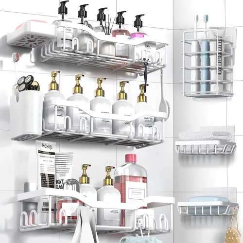 Miniatura 21 de NESOMI Organizador de Ducha Adhesivo Juego de 7 Piezas, Estantes de Baño de Acero Inoxidable a Prueba de Óxido, Accesorios de Almacenamiento sin