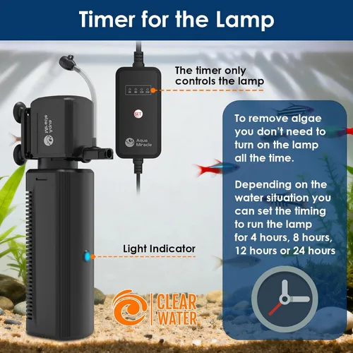 Miniatura 5 de AquaMiracle Filtro de acuario con luz U - V y esponja de filtro, filtro de tanque de peces con temporizador para agua verde, filtro de tortuga