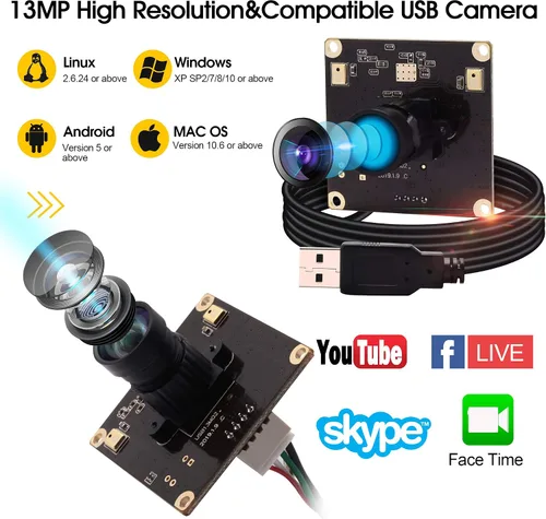 Miniatura 5 de Módulo de cámara USB de gran angular de 13 MP con micrófono para computadora 100 grados sin distorsión lente cámara web mini UVC USB2.0 PC cámara