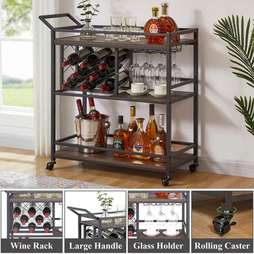 Miniatura 6 de FATORRI Carrito de bar para el hogar con estante para vino y soporte para vasos, pequeño carrito de servicio de bar en casa con ruedas para licor